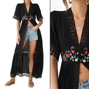 Embroidered Floral Lace Maxi Kimono Tiered Black Coverup S - EUC, Festival, Boho